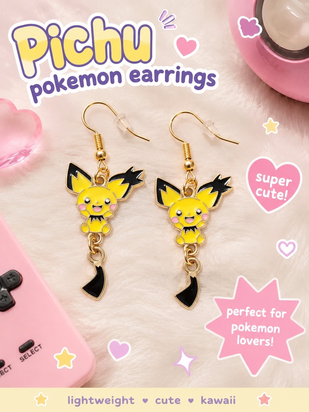 Kawaii Yellow Pichu Dangle Earrings for Women - Gold-Tone Pokemon Jewelry